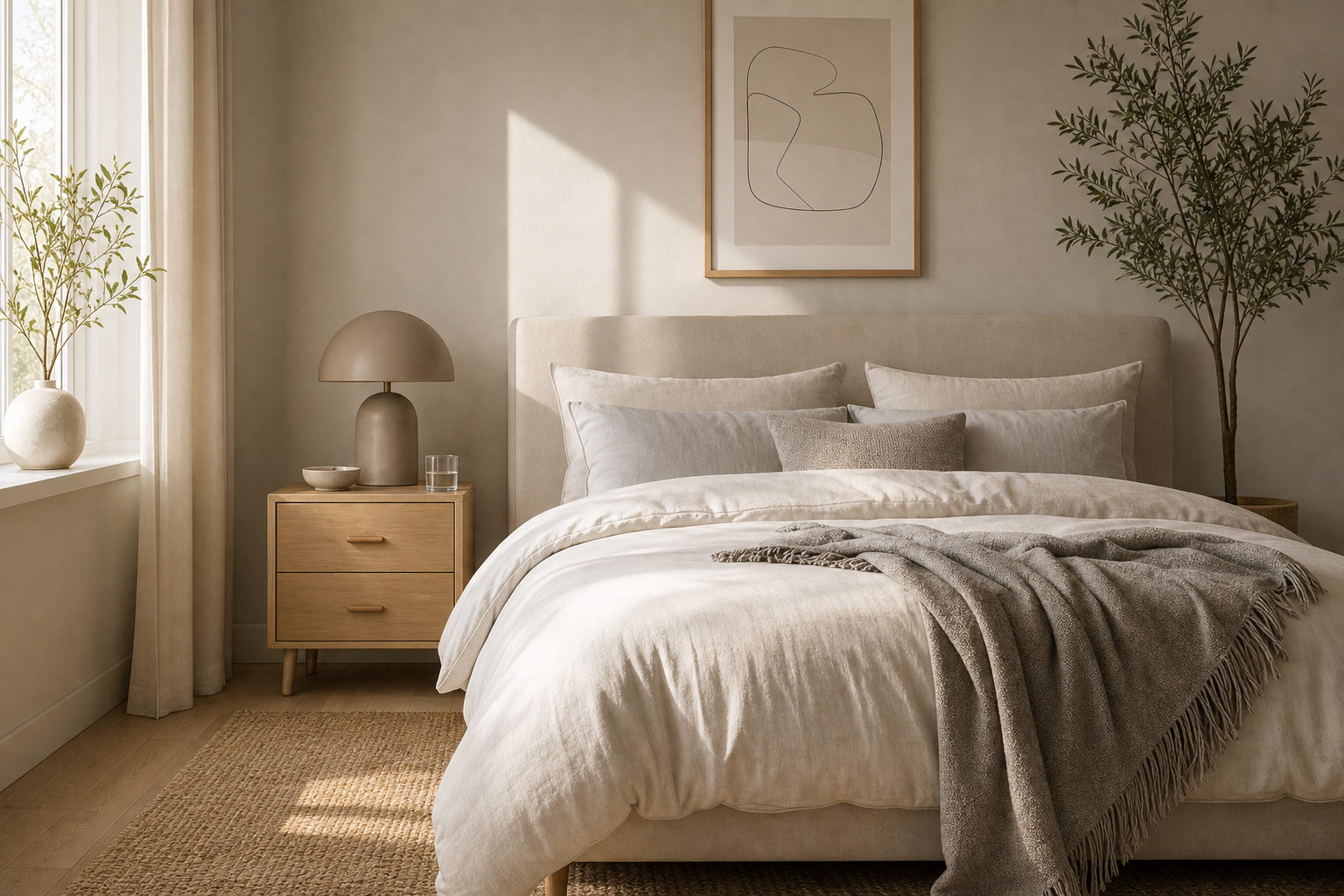 Neutral bedroom with soft bedding and warm light
