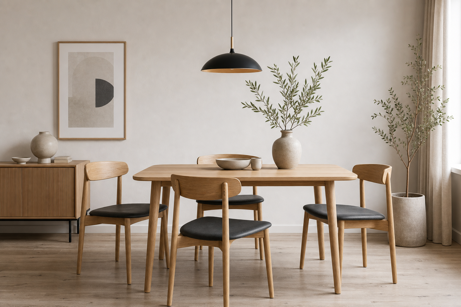 Light wood dining room with Scandinavian furniture