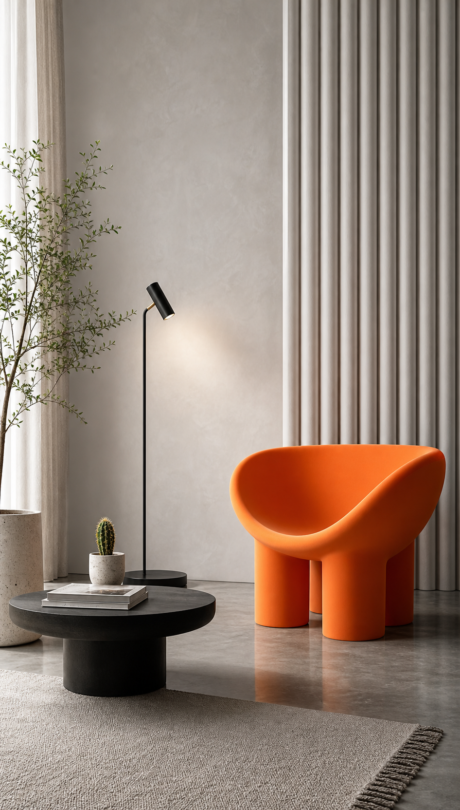 Orange sculptural chair in a refined room